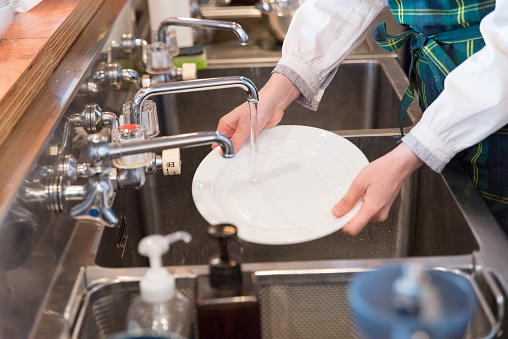 Washing plate in sink